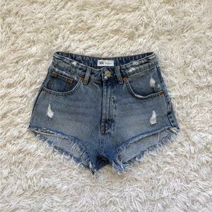 Zara Light Blue Distressed High-Rise Denim Shorts